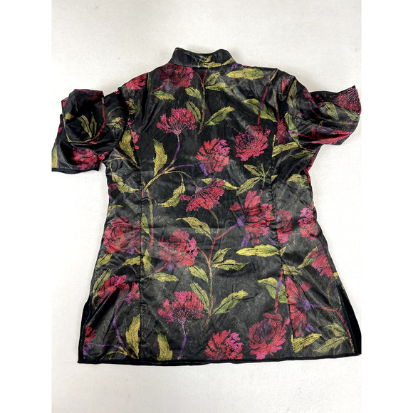 Chicos Jacket Asian inspired Women's Sz 2 Black Floral Long Sleeves‎ Beaded Silk - Picture 2 of 13